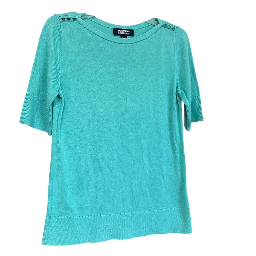 Lands End Womens Sweater Sz S Turquoise‎ Blue Cotton Blend Short Sleeve Pullover